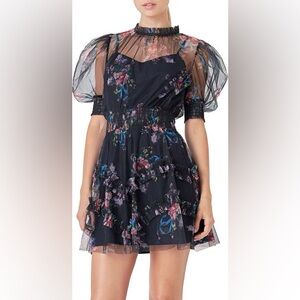 Floral Ruffle Puff Sleeve Mesh Minidress